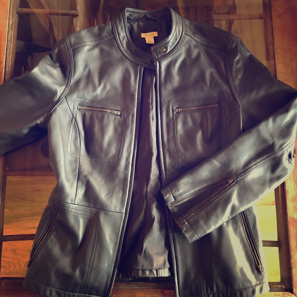 Dark Brown Leather Jacket Banded Collar with Snap
